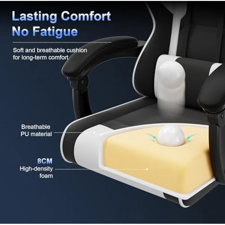 JUMMICO “Jetstream” Gaming Stuhl Ergonomisch,Gaming Chair mit Massagefunktion, Bürostuhl 150KG,Weiß – Bild 7