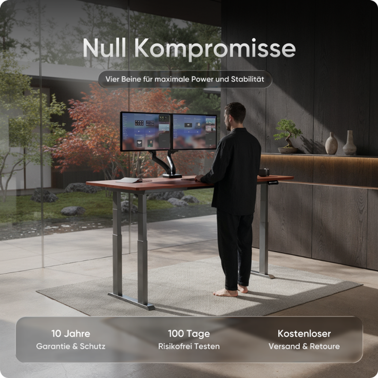 DESKSPACE Höhenverstellbarer Schreibtisch elektrisch mit leisem Dual-Motor – stabiles 4-Bein-Gestell (Grau Gestell, Mahagoni Tischplatte, 180×80 cm) – Bild 2