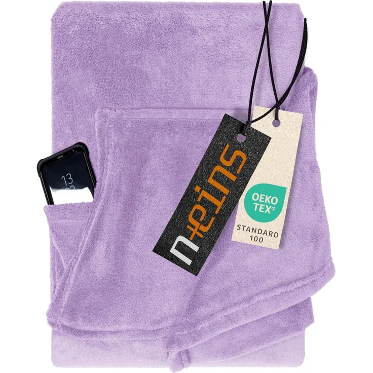 npluseins Coral Fleece Kuscheldecke – das Original mit Ärmel & Bauchtasche 1448. 2043, Flieder