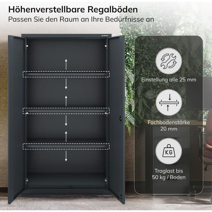 Metallschrank mit Sockel RUEL - 160x90x40cm Anthrazit | Büroschrank Aktenschrank Stahlschrank Fachbodenschrank Werkstattschrank – Bild 5