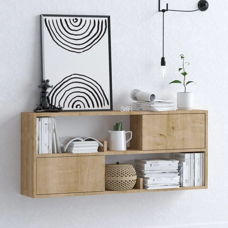 Calicosy Hängeregal mit 2 Türen und 2 offenen Fächern Holzdekor Eiche B120 cm – LYA - Helles Holz – Bild 2