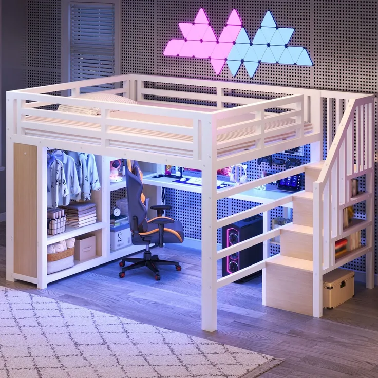 140x200 cm großes Gaming-Hochbett aus Metall mit LED-Beleuchtung, USB, Schreibtisch, offenem Kleiderschrank, Treppe und Staufächern, Weiß