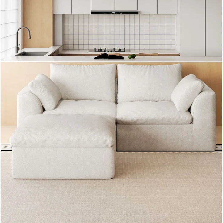 Ecksofa 180 cm für 3 Personen – komprimiertes Sofa mit Leinenbezug in Beigeweiß – Bild 2