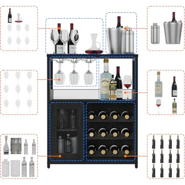 GarveeLife Weinschrank Industrial Küchenschrank Barschrank Mit Verstellbarem Weinregal Und Glashalter Weinregal Mit Abnehmbarem Weinschrank Sideboard Buffetschrank Freistehend, 69 x 35 x 92Cm – Bild 3