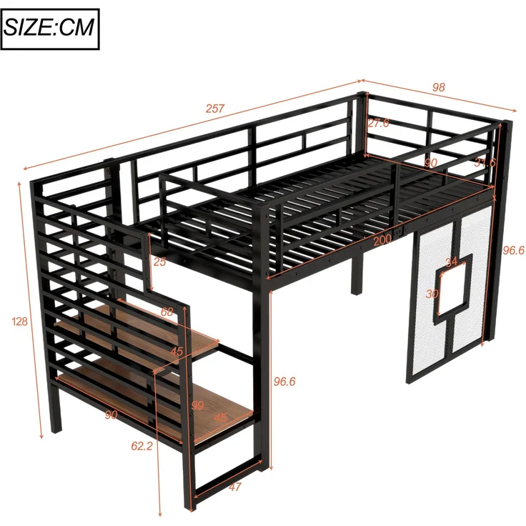 U-life Metall-Hochbett 90x200 cm mit Stauraumtreppe, LED-Beleuchtung und Fenster, Schwarz – Bild 10