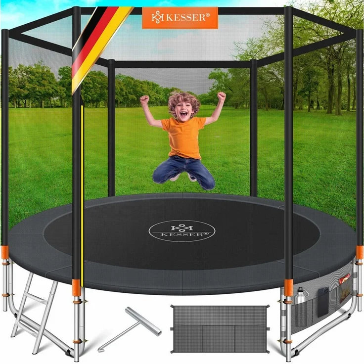 KESSER® - Trampolin | TÜV Rheinland GS Zertifiziert | Komplettset mit Sicherheitsnetz, Leiter, Randabdeckung, Seitentasche & Zubehör | Kindertrampolin Gartentrampolin Belastbarkeit 150 kg Orange, 244 cm – Bild 1