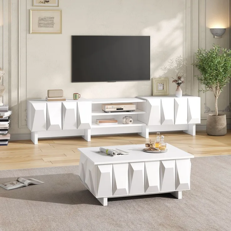 EINHOM Wohnzimmer Set TV Lowboard Couchtisch Fernsehschrank Spanplatte Relief 4 Türen Offene Ablage Wohnzimmer