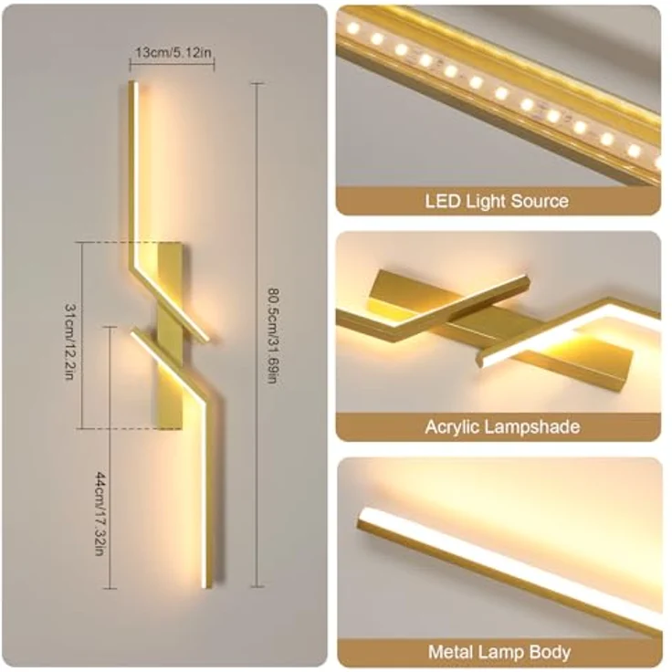 Goeco LED Wandlampe Innen 81CM, 24 W 2700LM Moderne LED Wandleuchte 2 Fimmige 3000K Warmes Licht, Lang Wandbelechtung Wandlicht für Flur Treppenhaus Wohnzimmer Schlafzimmer, Gold – Bild 4