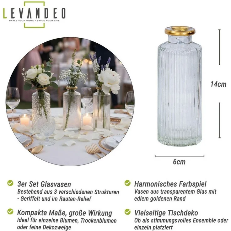 Levandeo® Dekovase, 3er Set Vase Glas Klar Gold H14cm Blumenvase Transparent Tischdeko – Bild 3