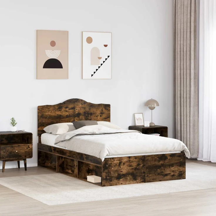 vidaXL Bettrahmen Geräucherte Eiche 135 x 190 cm Massives Kiefernholz 3413321 – Bild 2