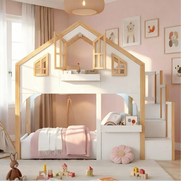 BlingBin Etagenbett 90x200 cm Kinderbett mit LED, Hochbett mit Stauraumtreppe, Hausbett (1er Set, 1-St, Ohne Matratze, Tragfähigkeit: 120KG, Massivholz+MDF, Weiß), Massivholzbett mit Fenster-Form und Rausfallschutz für Kinderzimmer – Bild 5