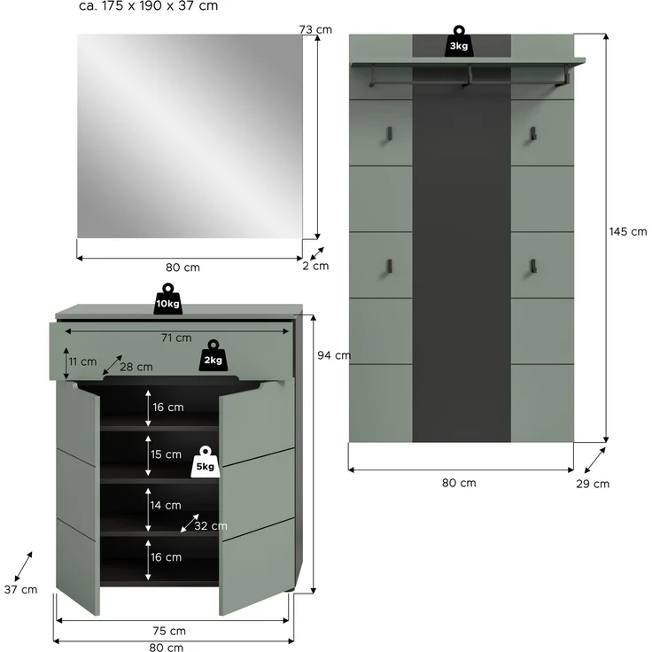 Garderoben-Set >Canu< in Basalt Grau / Smoke Green - 175x190x37cm (BxHxT) – Bild 5