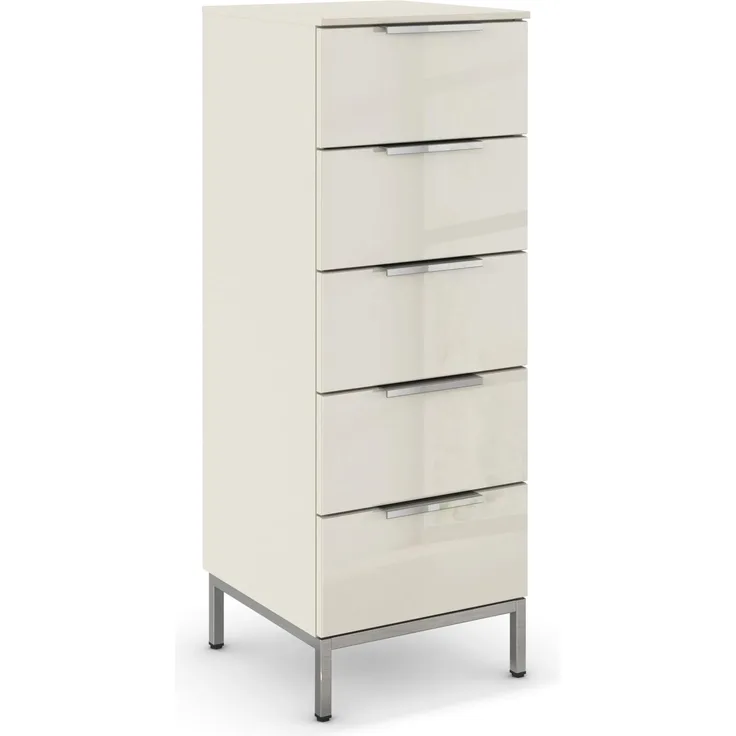 Rauch Möbel Flipp, Kommode für Schlafzimmer, Kinderzimmer, Wohnzimmer, Jugendzimmer, Flur, Garderobe, 5 Schubladen, mit Softclose Funktion, Griffe und Metallkufe Chrom, Farbe Glas Beige, Breite 40 cm