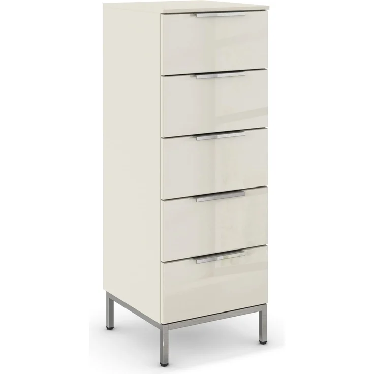 Rauch Möbel Flipp, Kommode für Schlafzimmer, Kinderzimmer, Wohnzimmer, Jugendzimmer, Flur, Garderobe, 5 Schubladen, mit Softclose Funktion, Griffe und Metallkufe Chrom, Farbe Glas Beige, Breite 40 cm