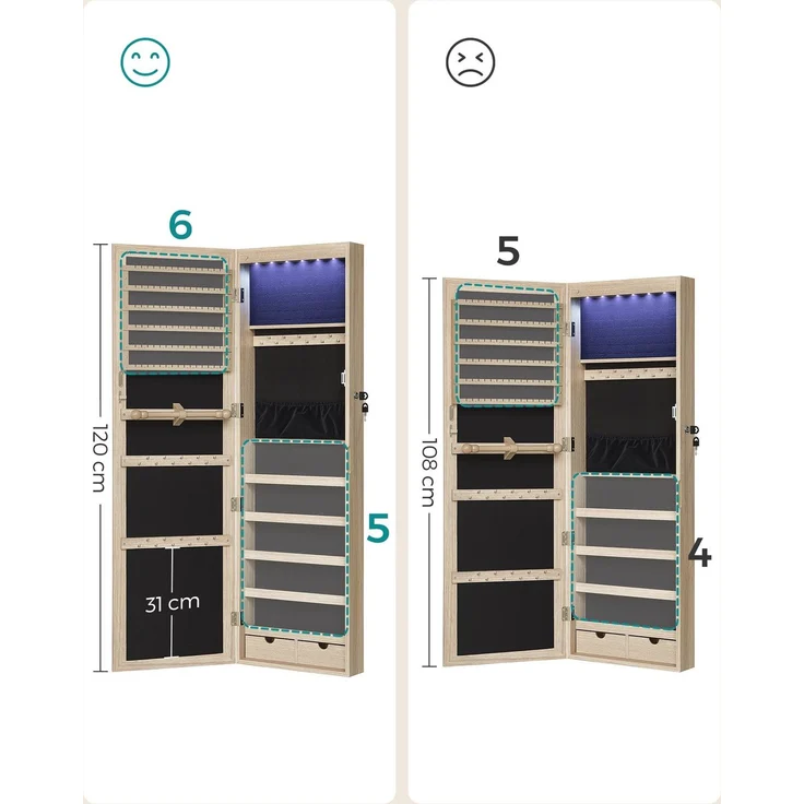Songmics Schmuckschrank hängend, abschließbarer Spiegelschrank, Wandschrank mit Spiegel und zahlreichen Fächern, Wandmontage, an der Tür hängend, für Ketten, Ohrringe, eichefarben – Bild 4