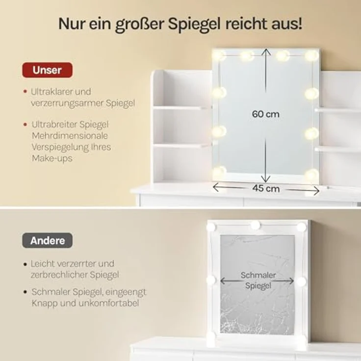 WOLTU Schminktisch Hollywood mit LED-Beleuchtung, Spiegel, 2 Schubladen und 4 offene Ablagen, Holz weiß, 90 x 135 x 40 cm – Bild 8