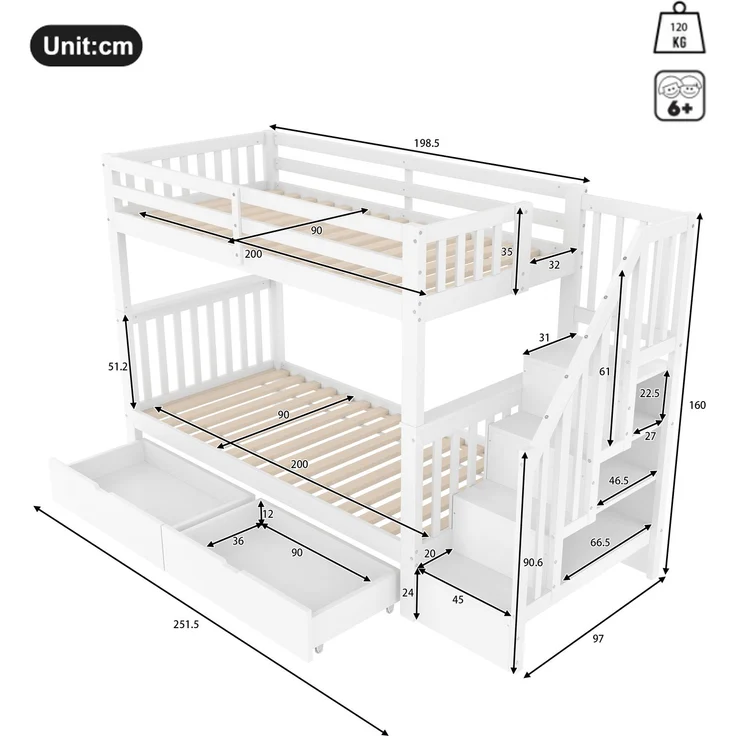 Etagenbett 90x200 cm mit Treppenregal, zwei Schubladen, hohes Sicherheitsgeländer mit Stauraum, Weiß – Bild 6