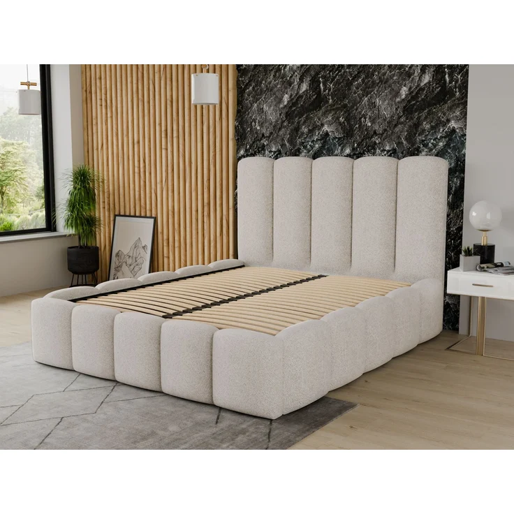 Polsterbett Aura - Bettkasten mit Gasdruckfedern - Doppelbett mit Lattenrost, Bett mit Polsterkopfteil, Bettgestell, Schlafzimmer, Bouclé-Stoff (180 x 200 cm, Weiß (Coral 70)) – Bild 4
