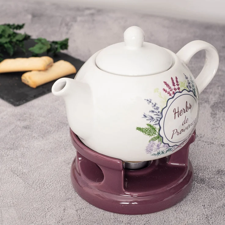 KADAX Teekanne 1L mit Stövchen Set, Kaffeekanne aus Porzellan mit Deckel, Griff und Teestövchen, Kanne mit Teelicht Wärmer für Tee, Teeservice (Violett/Weiß) – Bild 2