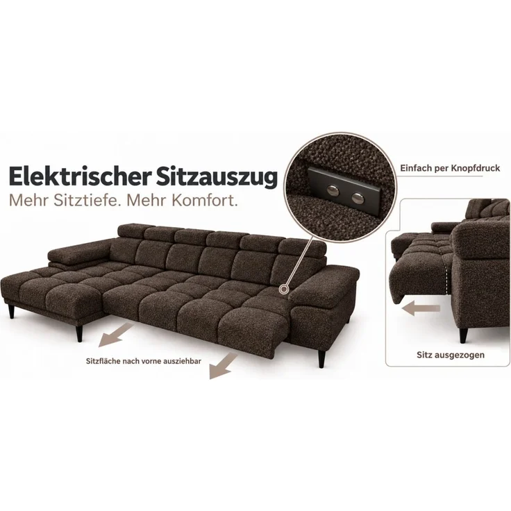 Ecksofa Schlafsofa SENVELIO RELAX inkl. Hocker Stoff Glam Schokobraun Ottomane Links – Bild 2