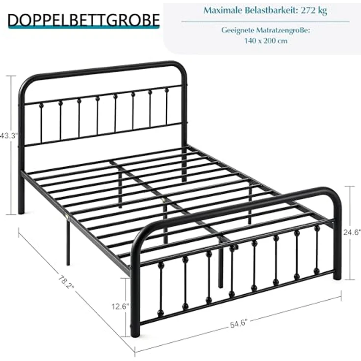 Metallbett 140x200 cm Bettrahmen mit Hohem Kopfteil, Stabiles Bettgestell Doppelbett aus Metall mit Lattenrost, Metall Gästebett Jugendbett, Viel Stauraum unter dem Bett, Schwarz – Bild 3