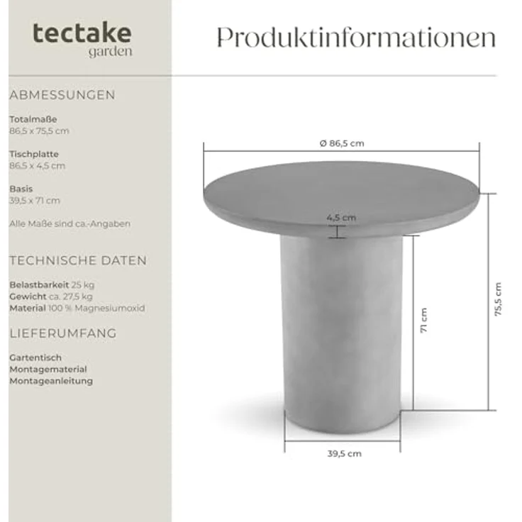 tectake Runder Gartentisch Talmi, Grau, Keramik, wetterfest, 86.5x75.5 cm – Bild 3