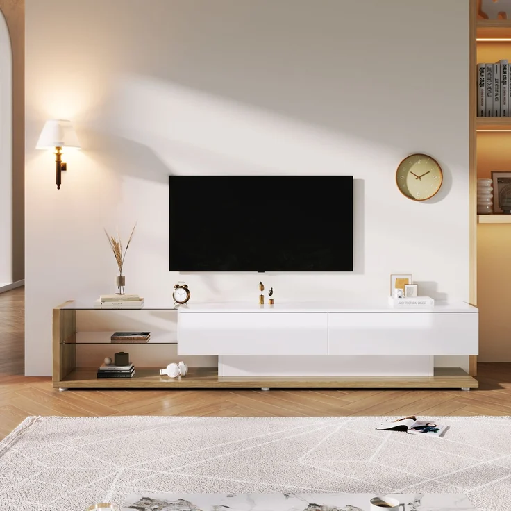 TV-Schrank 170 cm Weiß Hochglanz mit LED-Beleuchtung, 2 Schubladen, 2 Glasregale – Bild 2