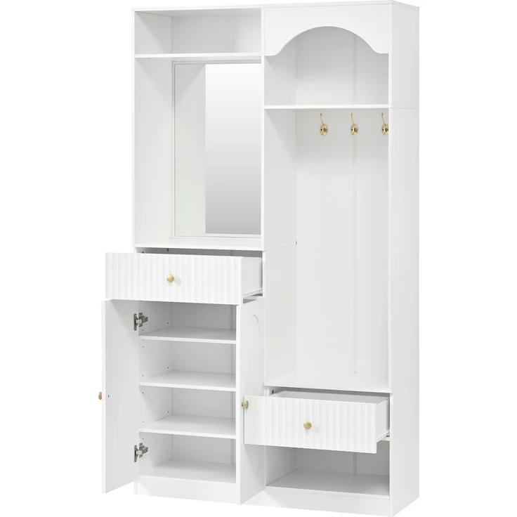 DESVIAE Garderobenschrank mit Sitzbank, Spiegel und LED-Beleuchtung 100x180x35 cm MDF Weiß – Bild 8