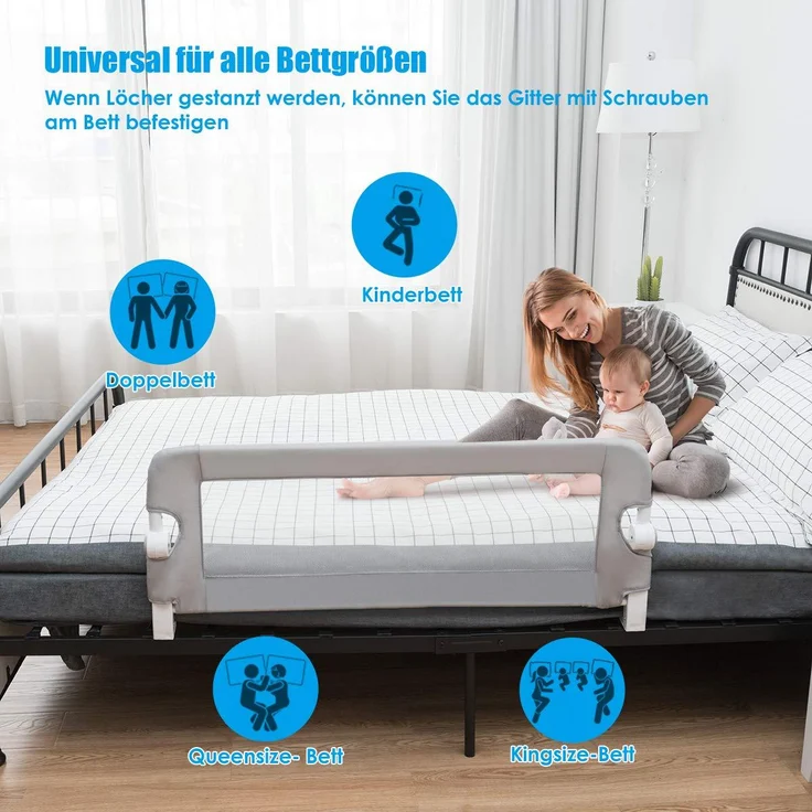 COSTWAY Rausfallschutz für das Kinderbett, Zwillingsbett, Doppelbett, Queensize- und Kingsize-Bett 105 x 42 cm/grau – Bild 3