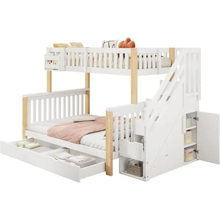 Odikalo Kinderbett Etagenbett Doppelbett Ablagekorb Schublade Treppenschrank 90/140*200cm (Kinder-Etagenbett, Doppelbett, multifunktionales Kinderbett mit Ablagekorb, mit Schublade, mit Treppenschrank, mit Ablageschrank, ohne Matratze, weiß + naturfarben)