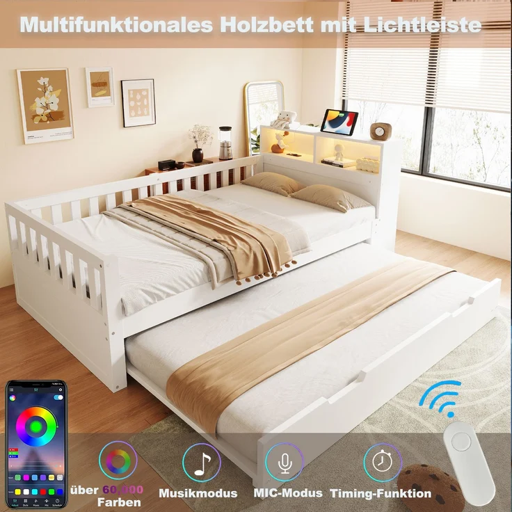 Merax Einzelbett, Multifunktionales Holzbett 90 × 200 cm, Mit Ausziehbarem Bett, Ablage und Staufach, Ausgestattet Mit Steckdose und LED-Beleuchtung, Sicherheitsgitter, Weiß – Bild 5