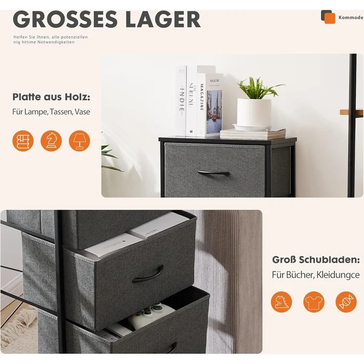Sweetcrispy Kommode mit 4 Schubladen, Stoff Schubladenschrank, Schmal Schrank, Kommode Schlafzimmer, Industrial Stil für Wohnzimmer, Kinderzimmer, Flur Aufbewahrungsschrank, Hellgrau – Bild 4