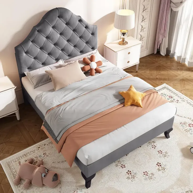 Polsterbett, Einzelbett mit Lattenrost, 90x200 cm, Kopfteil höhenverstellbar, Jugendbett, Samt – Bild 2