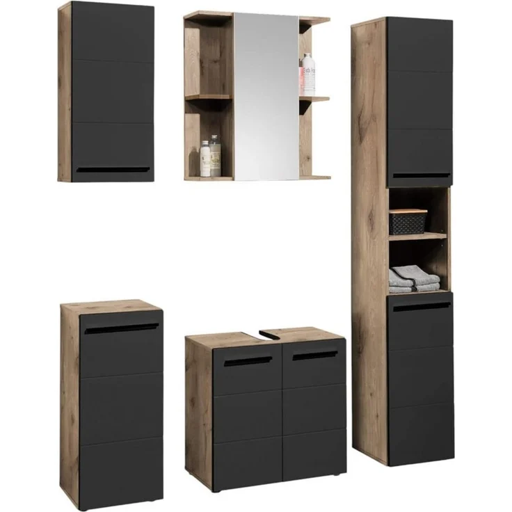 moebel-dich-auf Badezimmer-Set VALENCIA, (Hochschrank, Waschbeckenunterschrank, Spiegelschrank, Hängeschrank, Kommode, MDF-Fronten tiefgezogen, Korpus melaminbeschichtet) – Bild 2