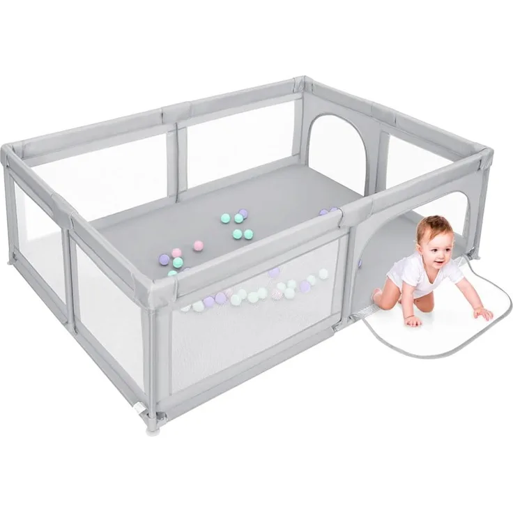 OHMG Laufgitter für Baby,Laufgitter Indoor&Outdoor,Kippsicheres Kinder-Baby-Gitter,Kinderzaun mit Anti-Kollision Schaum Absperrgitter mit atmungsaktivem Netz,für Apartment,50 Spielbällen