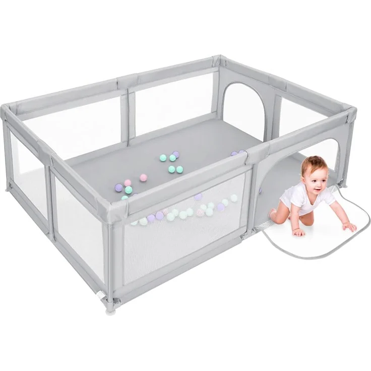 OHMG Laufgitter für Baby,Laufgitter Indoor&Outdoor,Kippsicheres Kinder-Baby-Gitter,Kinderzaun mit Anti-Kollision Schaum Absperrgitter mit atmungsaktivem Netz,für Apartment,50 Spielbällen