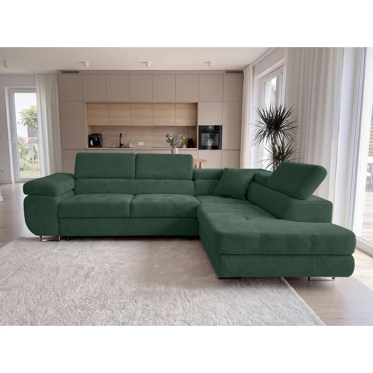 AX LIVING Konak Cord-Schlafsofa R Flaschengrün 276 cm, Bettkasten, Kopfstützen – Bild 4