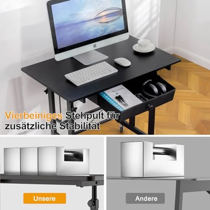 GTPLAYER Höhenverstellbarer Schreibtisch, Computertisch Laptoptisch mit Schubladen,Tisch höhenverstellbar 80 * 50*(73-115) cm, Standing Desk mit Rollen – Bild 5