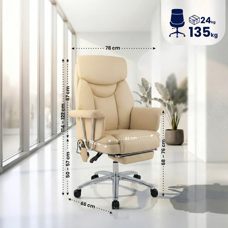 CLP Bürostuhl Dahra Echtleder Massagefunktion mit Fußablage höhenverstellbar,creme – Bild 2