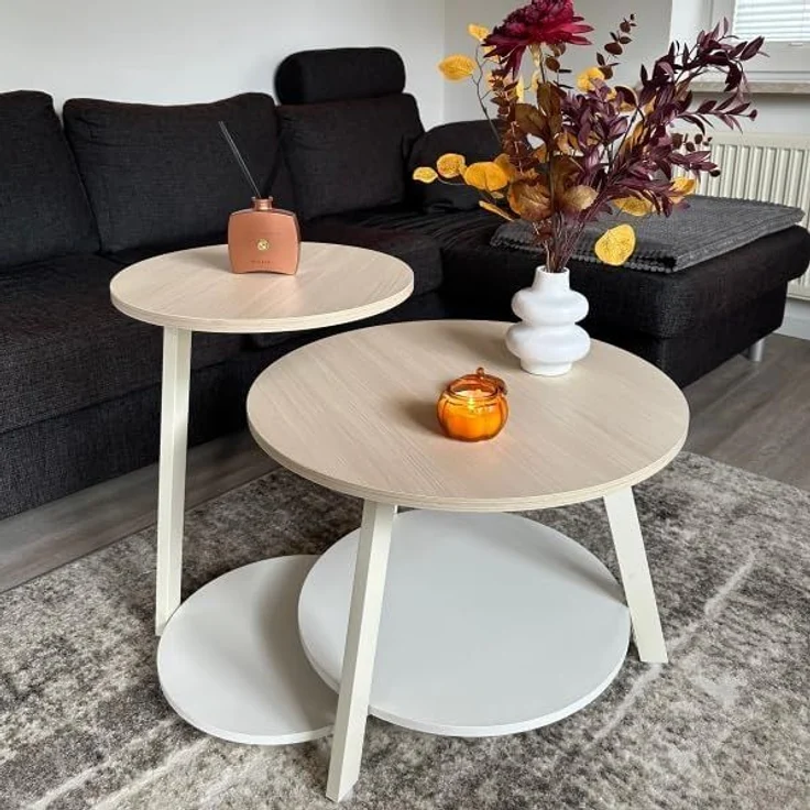 YITAHOME 2er Set Couchtisch Set Rund, Wohnzimmertisch mit Stauraum, Beistelltisch 2er Set Stapelbar mit Holzplatte und Metallrahmen, C-förmiger Beistelltisch, Couch Tisch Wohnzimmer, Eiche – Bild 3