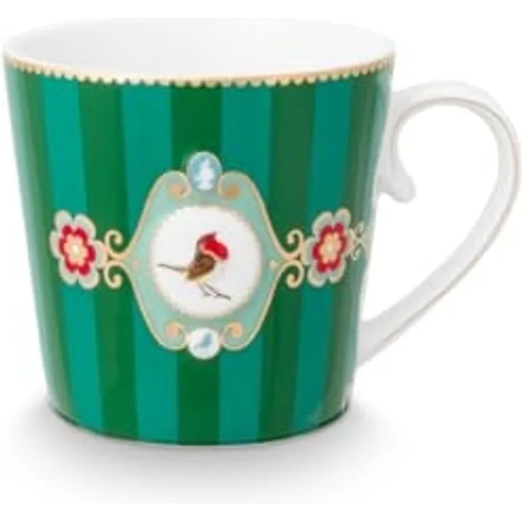 PiP Studio Becher Love Birds Medallion Henkelbecher Stripes grün 250ml, Bone China, Mug Large Love Birds Medallion Stripes Emerald-Green 250ml