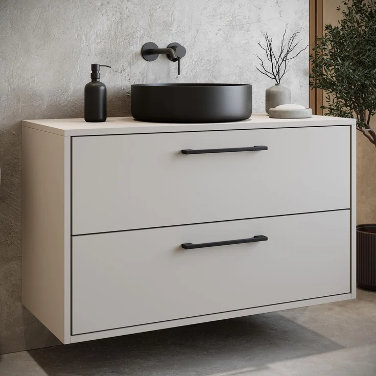 Badplaats Waschtischunterschrank Florence 80 x 46 cm – Beige – Hängender Unterschrank mit 2 Schubladen und schwarzen Griffen – Bild 2