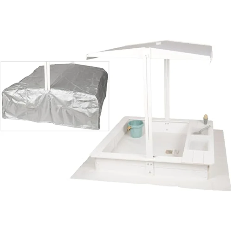 WONDERMAKE Sandkasten Holz mit Abdeckung, 2x Matschküche, 113x113 cm, quadratisch, weiß silber, wasserdicht, inkl. Boden-Vlies – Bild 1