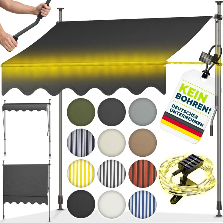 tillvex Klemmmarkise 300 cm Anthrazit mit LED mit Handkurbel Balkon | Balkonmarkise ohne Bohren | Markise UV-beständig & höhenverstellbar | Sonnenschutz wasserdicht