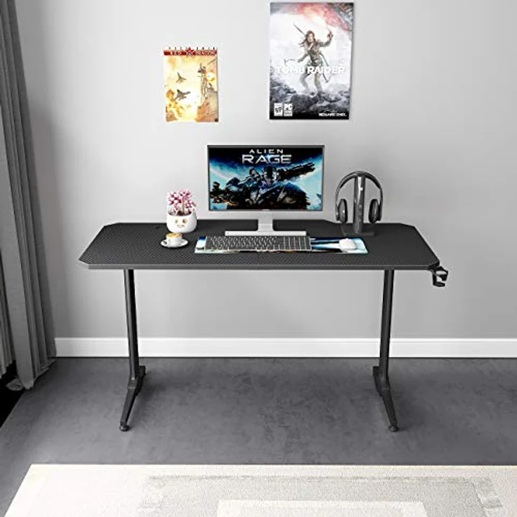 SogesHome Gaming Tisch 140cm Gaming Schreibtisch Computertisch in T-Form Gaming Table PC Tisch Schreibtisch mit Mausunterlage, Getränkehalter und Kopfhörerhaken,Bürotisch Ergonomischer Gamer Tisch – Bild 3