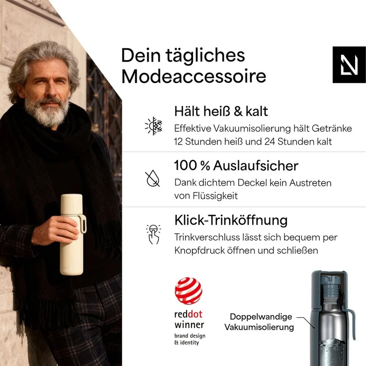 LARS NYSØM Thermoflasche Lune, Thermosfl. mit Becher & Trageschalufe: 12h warm / 24h kühl – Bild 1