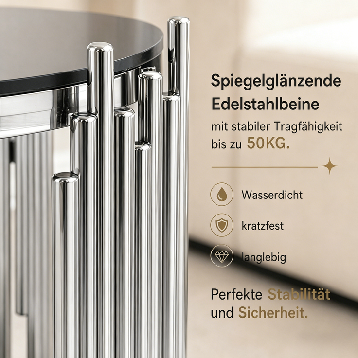 Beistelltisch rund H 55 x T 45 x B 45 cm mit 2 Ebenen, schwarzes gehärtetes Glas und Edelstahlgestell in Silber – Bild 8