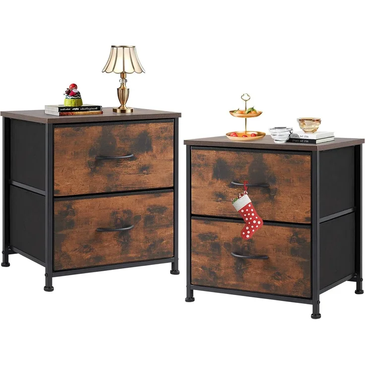 Sweetcrispy Nachttisch 2er Set, Nachttisch Beistelltisch, Stoff Schubladenschrank, Schmal Schrank, Kommode Schlafzimmer, Industrial Stil für Wohnzimmer, Kinderzimmer, Flur Aufbewahrungsschrank, Braun