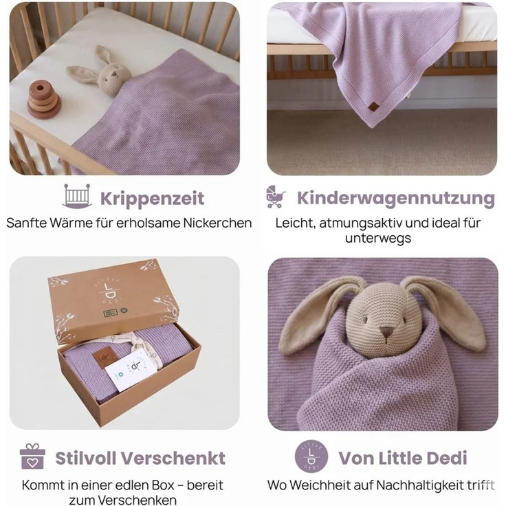 Babydecke Baby Strickdecke, %100 Bio Baumwolle, Atmungsaktiv, 80x100 cm, Lavendel, Little Dedi – Bild 3