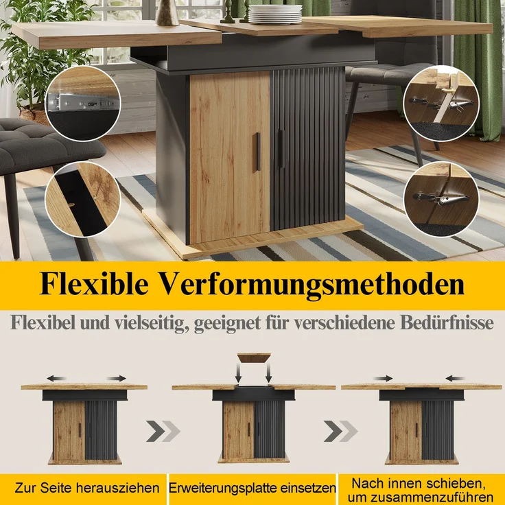 Esstisch ausziehbar 110-140x80x75 cm, Retro-Design, schwarz/natur, mit vakuumgeformten Türen – Bild 8